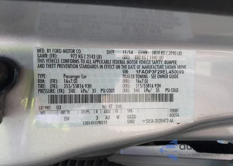 2014 Ford Focus Se z USA, uszkodzony, nr VIN 1FADP3F29EL450099